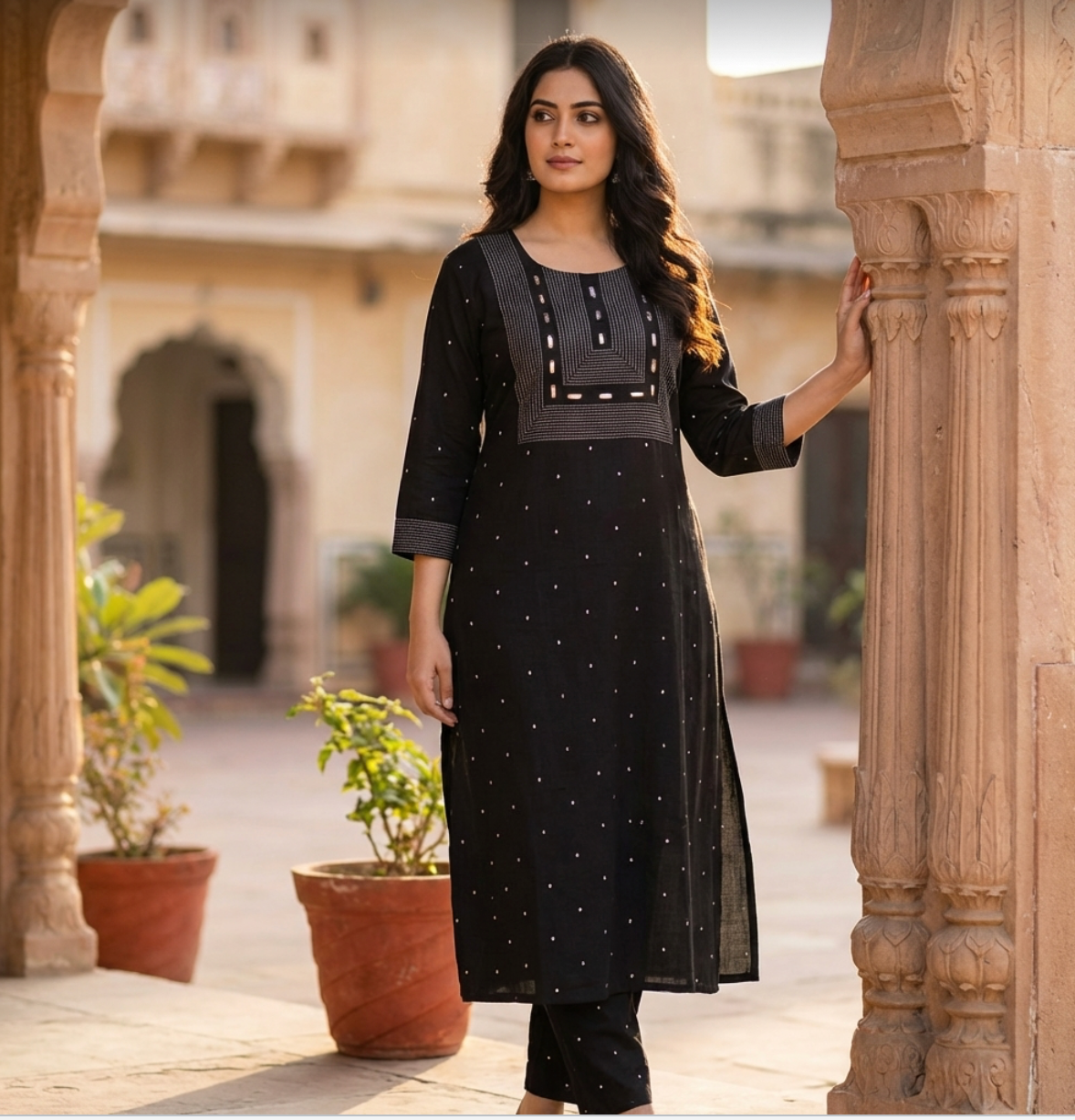 Elegant Black A-Line Kurta- Palazzo Set With White Handloom Thread Embroidery And Mirror Work.