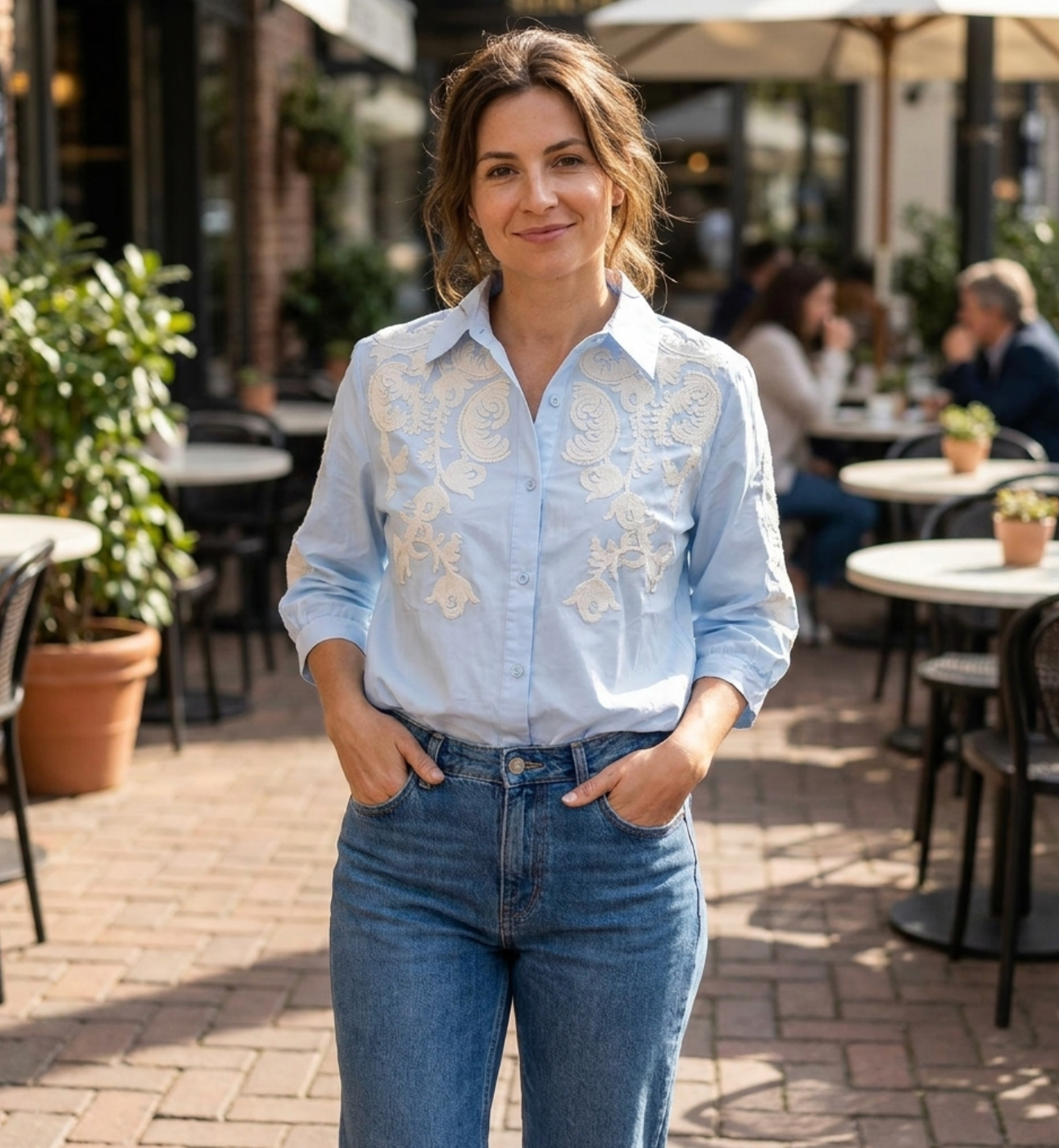 Trendy Light Blue Cotton Embroidered Shirt