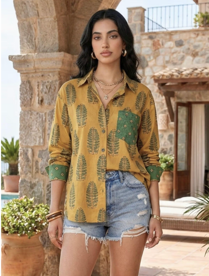 Digital Print Muslin Silk Shirt in Mustard