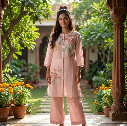 Elegant  Blush Pink Mul Chanderi Threadwork Embroidered Kurta Set