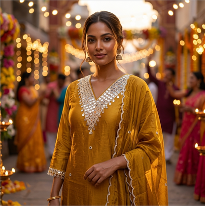 Mustard Yellow Chanderi Silk Kurta Set with Mirror Work Neckline