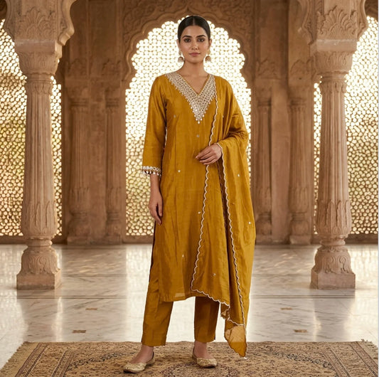 Mustard Yellow Chanderi Silk Kurta Set with Mirror Work Neckline