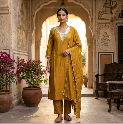 Mustard Yellow Chanderi Silk Kurta Set with Mirror Work Neckline