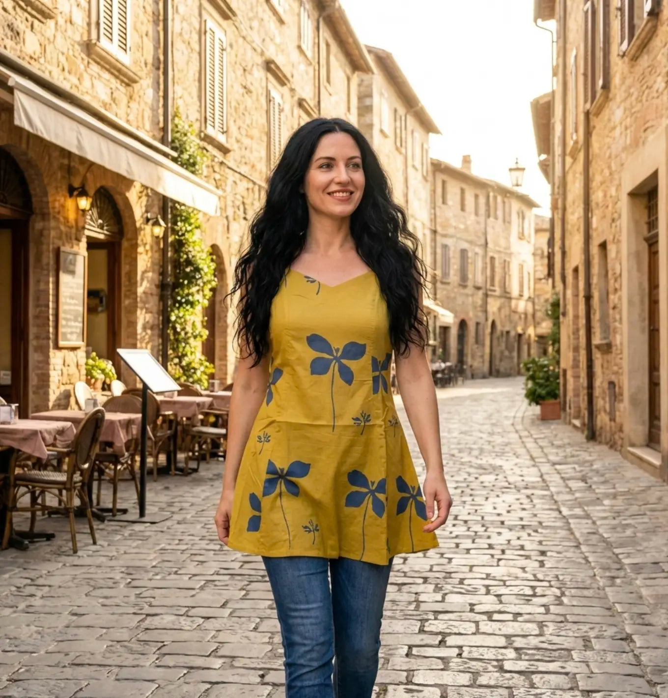 Elegant Mustard & Indigo Block-Print Sleeveless Tunic