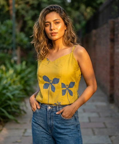 Elegant Mustard & Indigo Block-Print Sleeveless Tunic