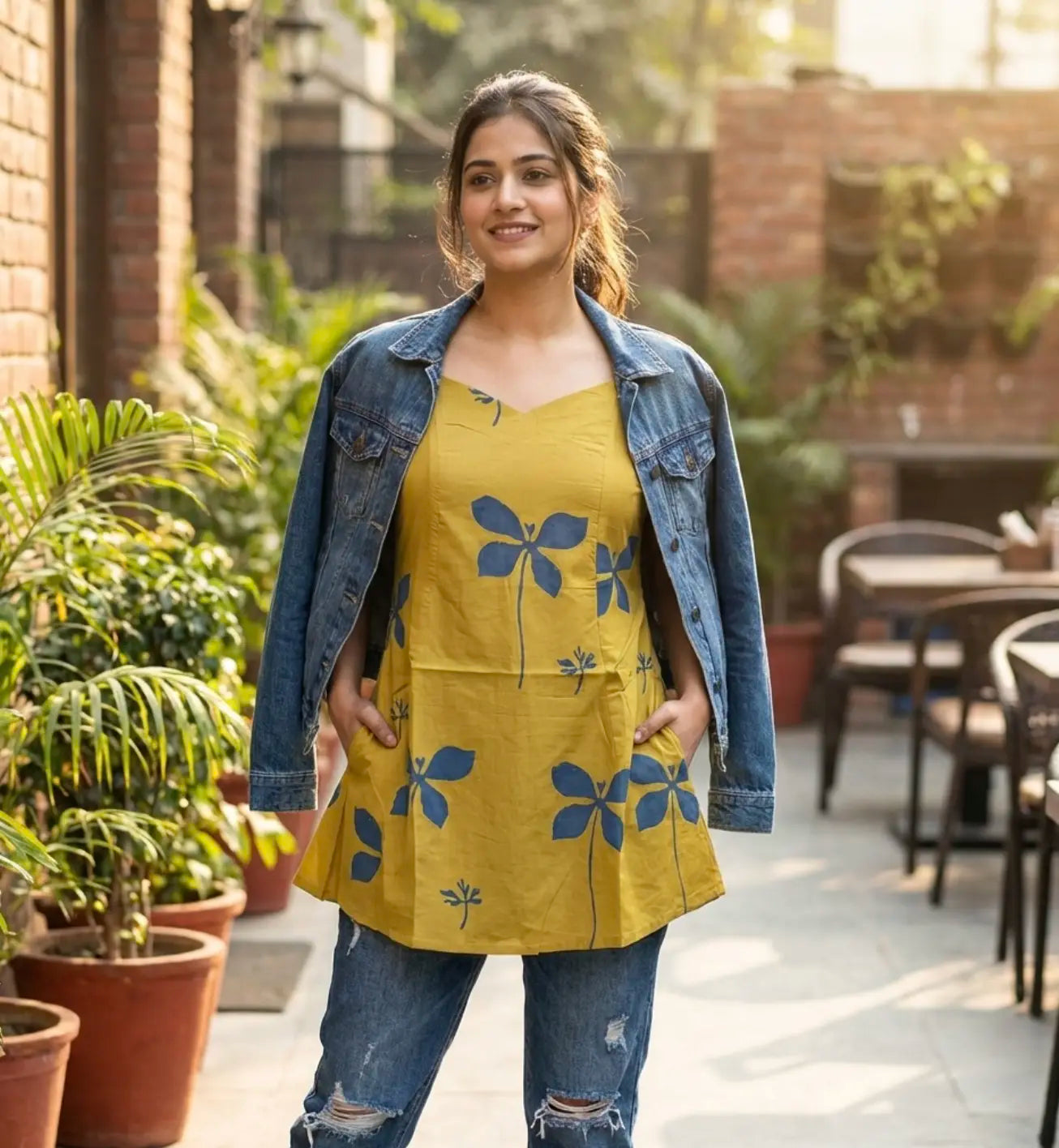 Elegant Mustard & Indigo Block-Print Sleeveless Tunic