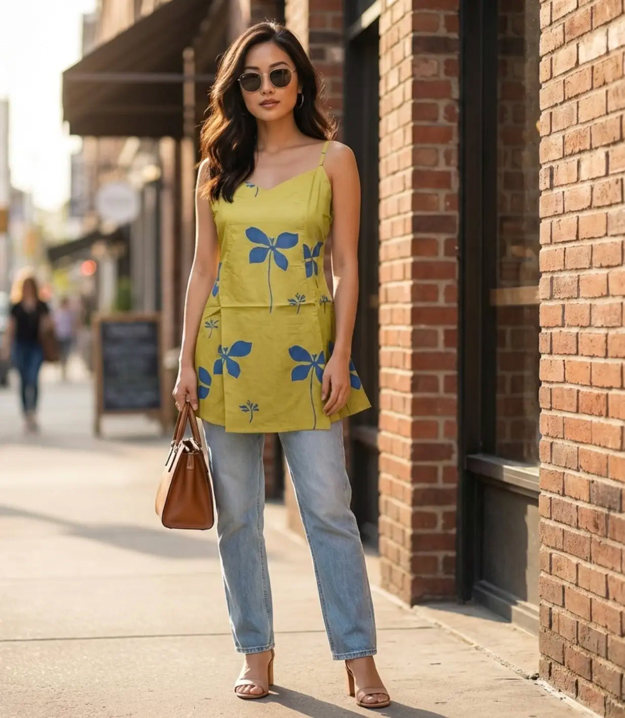 Elegant Mustard & Indigo Block-Print Sleeveless Tunic