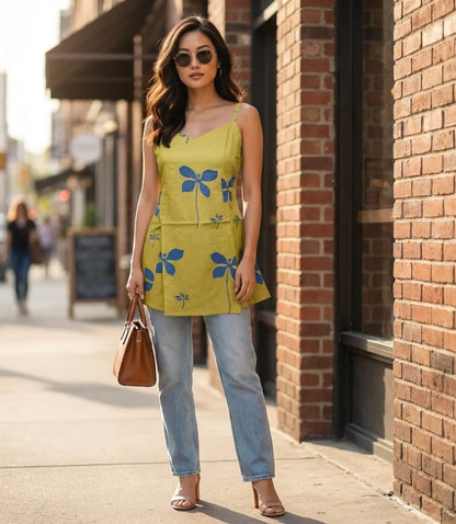 Elegant Mustard & Indigo Block-Print Sleeveless Tunic