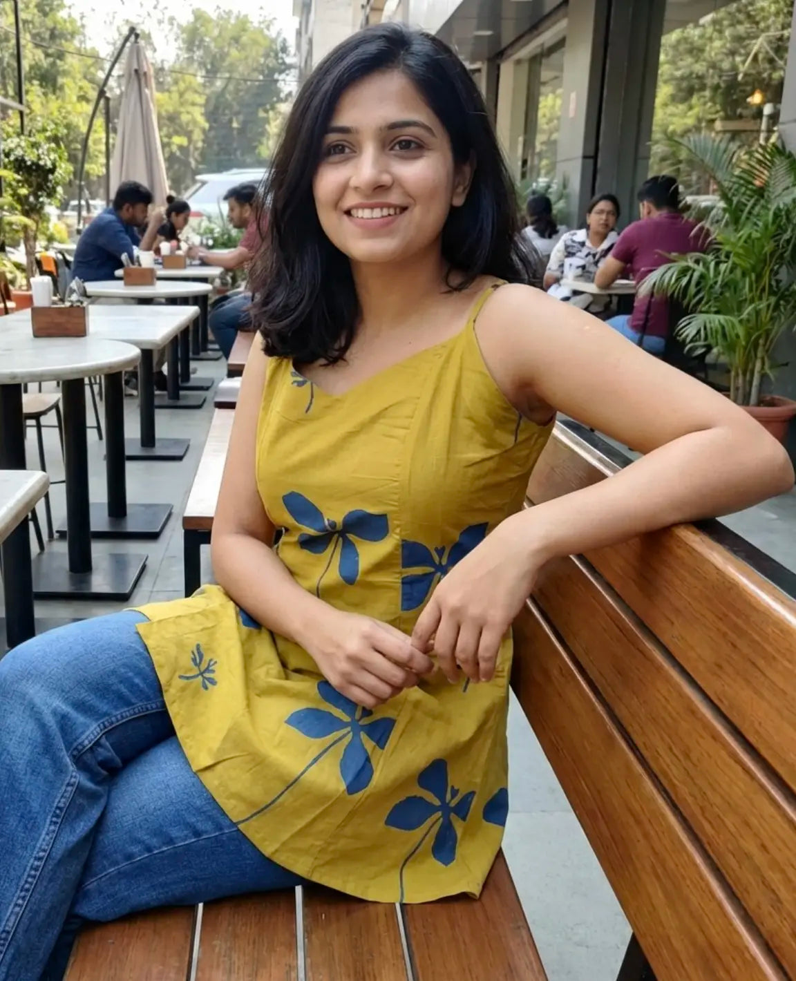Elegant Mustard & Indigo Block-Print Sleeveless Tunic