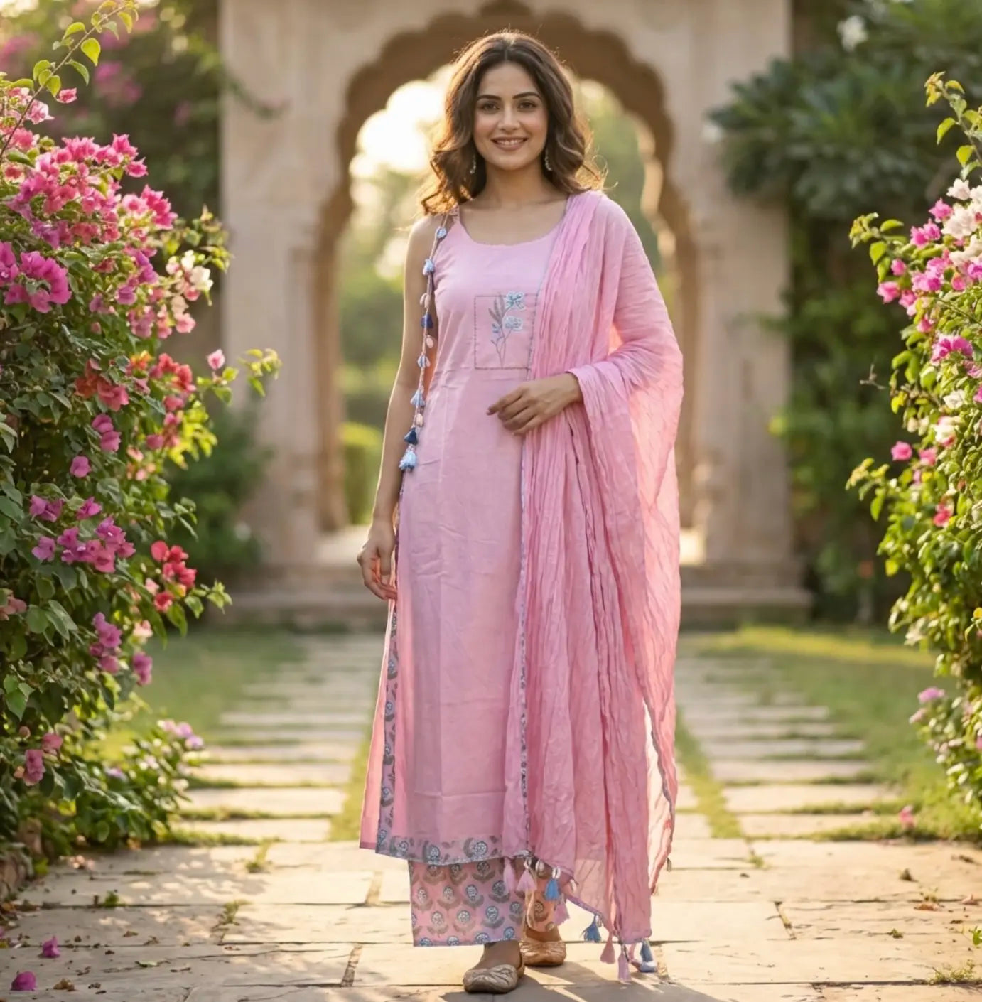 Beautiful Sleeveless Embroidered Suit Set with Tassel Detailing In Blush Pink