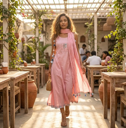 Beautiful Sleeveless Embroidered Suit Set with Tassel Detailing In Blush Pink