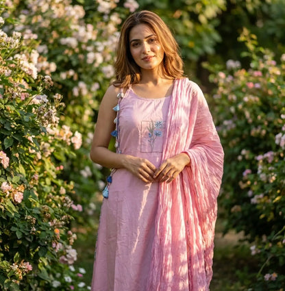 Beautiful Sleeveless Embroidered Suit Set with Tassel Detailing In Blush Pink