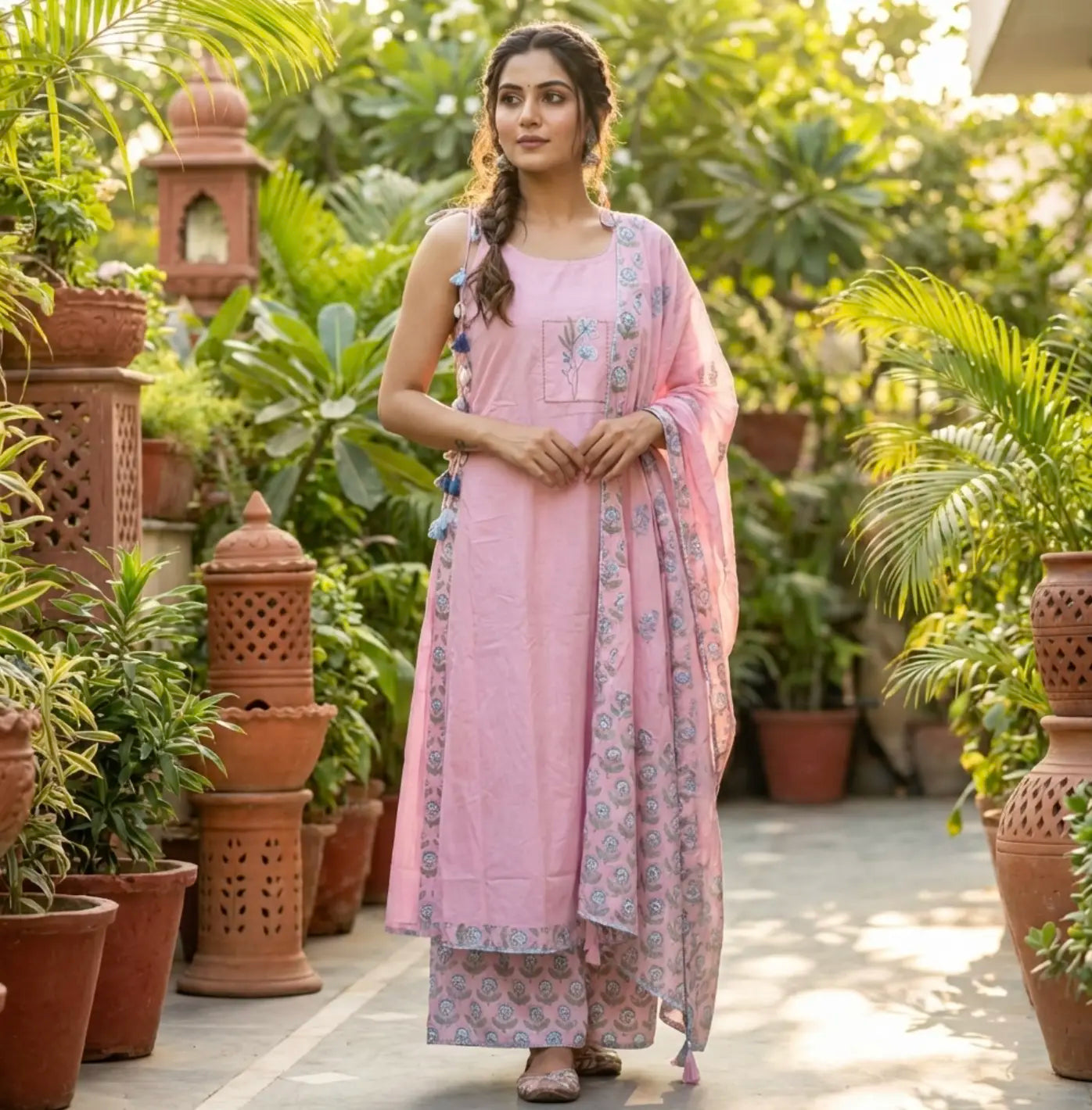 Beautiful Sleeveless Embroidered Suit Set with Tassel Detailing In Blush Pink
