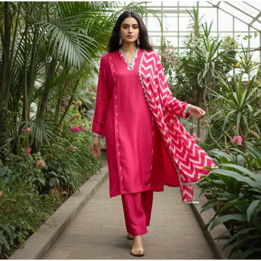 Stunning Pink Abstract Print Russian Silk Suit Set With Sequence Lace Work