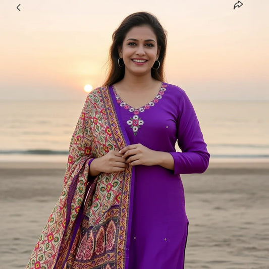 Stunning Purple Russian Silk Straight Suit along with Gajji Silk Dupatta