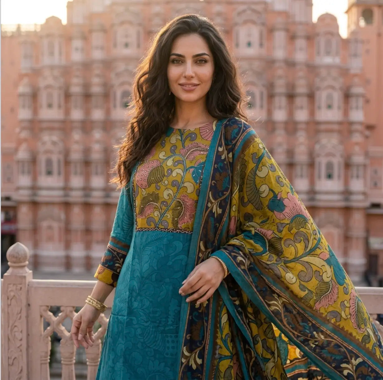 Elegant Teal Kalamkari Printed, Straight Kurta Set with Pant and Dupatta in Muslin Silk