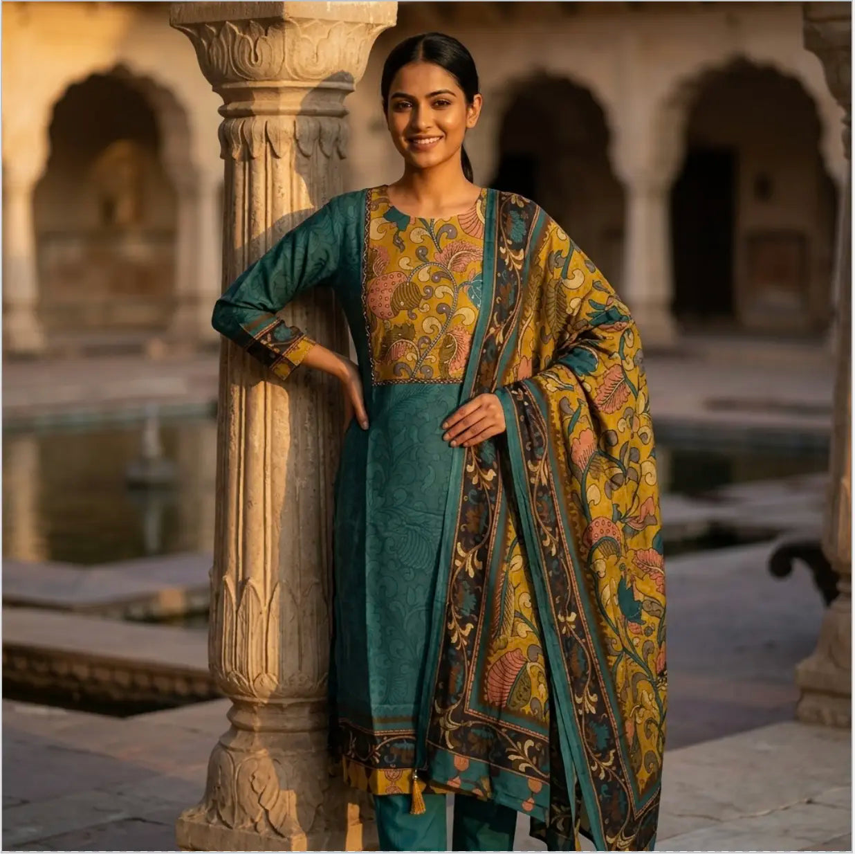 Elegant Teal Kalamkari Printed, Straight Kurta Set with Pant and Dupatta in Muslin Silk