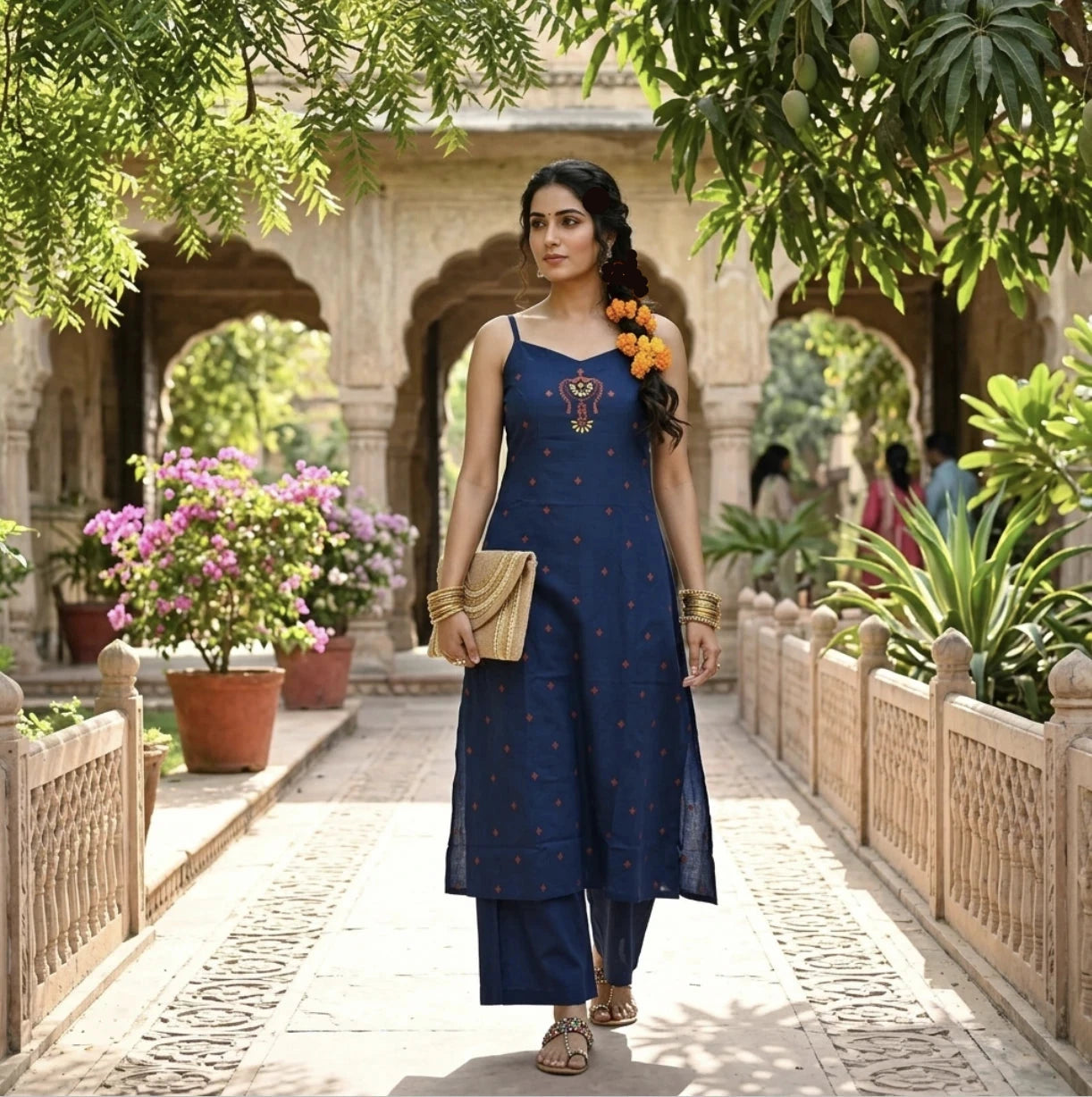 Indigo Blue Embroidered Strappy Kurta & Pant Set