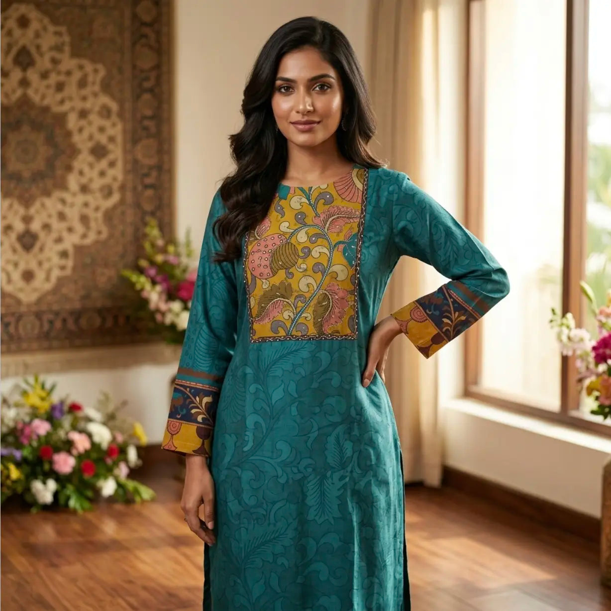Elegant Teal Kalamkari Printed, Straight Kurta Set with Pant and Dupatta in Muslin Silk