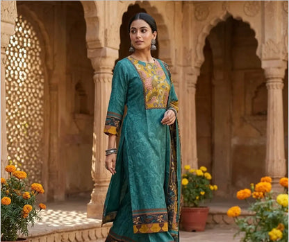 Elegant Teal Kalamkari Printed, Straight Kurta Set with Pant and Dupatta in Muslin Silk