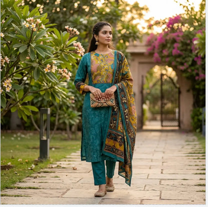 Elegant Teal Kalamkari Printed, Straight Kurta Set with Pant and Dupatta in Muslin Silk