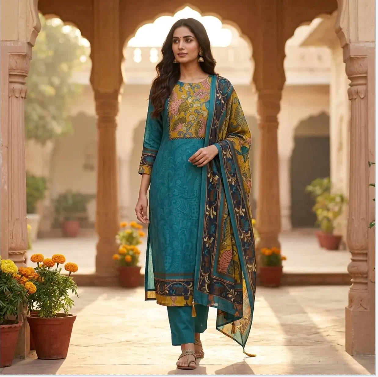 Elegant Teal Kalamkari Printed, Straight Kurta Set with Pant and Dupatta in Muslin Silk