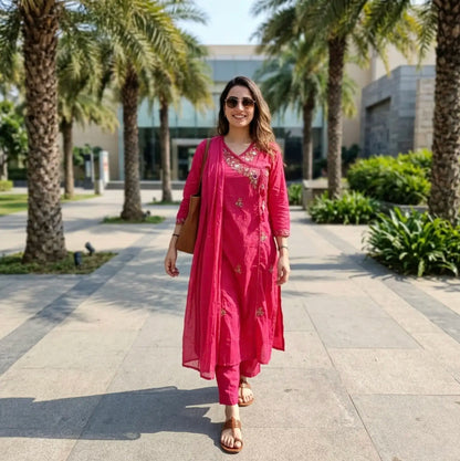 Beautiful Fuchsia Pink Angrakha Style Embroidered Kurta Set with Dupatta
