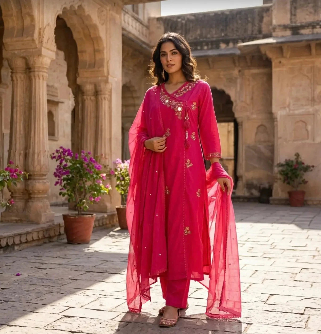 Beautiful Fuchsia Pink Angrakha Style Embroidered Kurta Set with Dupatta