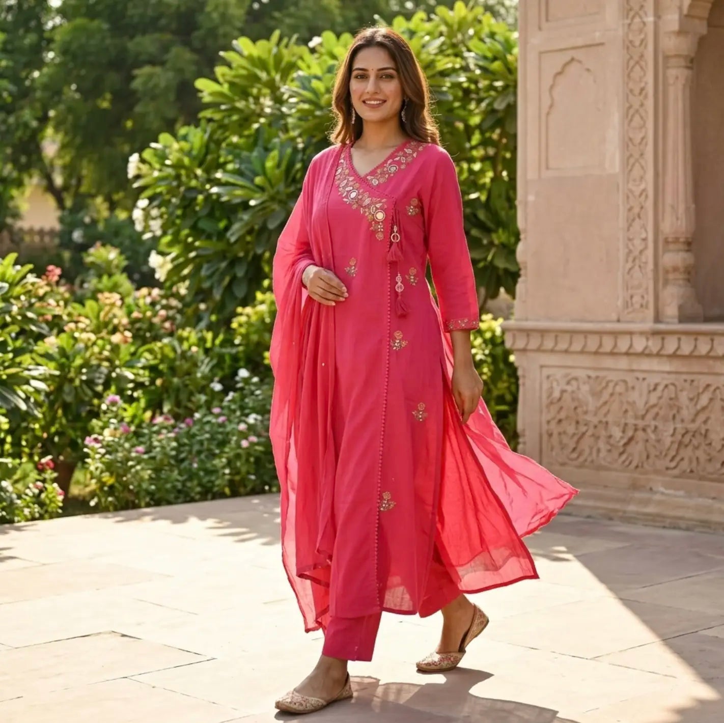 Beautiful Fuchsia Pink Angrakha Style Embroidered Kurta Set with Dupatta