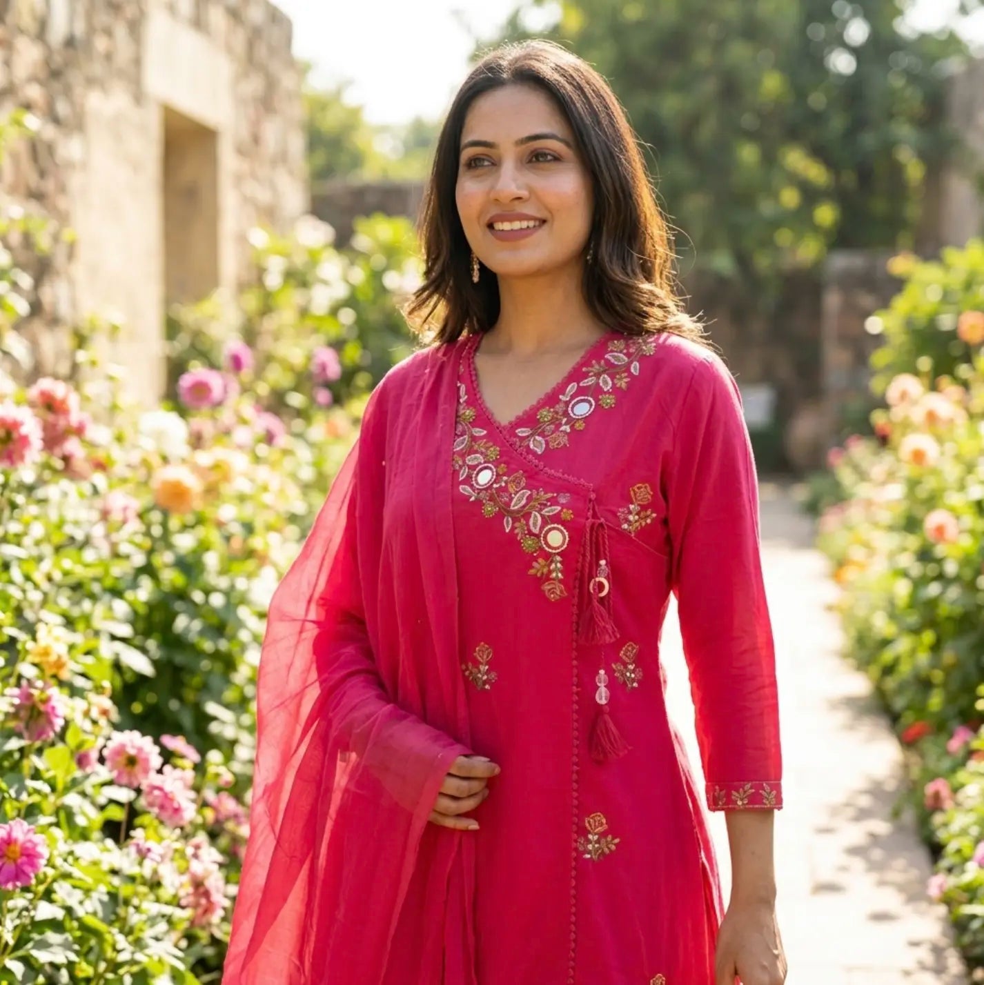 Beautiful Fuchsia Pink Angrakha Style Embroidered Kurta Set with Dupatta