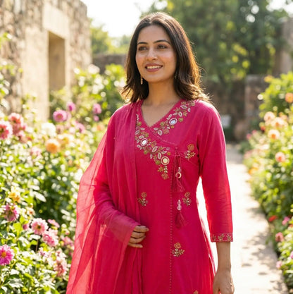 Beautiful Fuchsia Pink Angrakha Style Embroidered Kurta Set with Dupatta