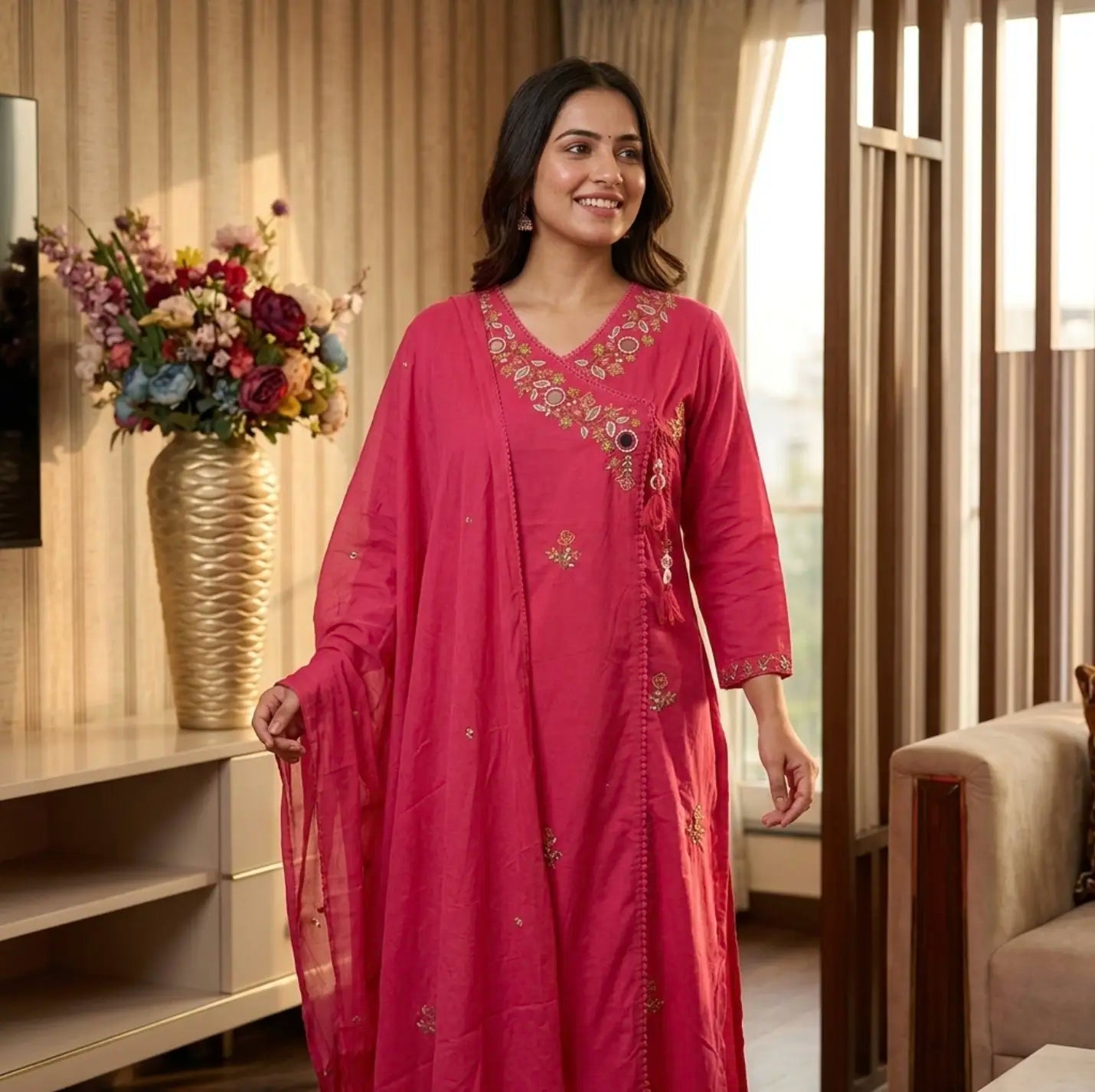 Beautiful Fuchsia Pink Angrakha Style Embroidered Kurta Set with Dupatta