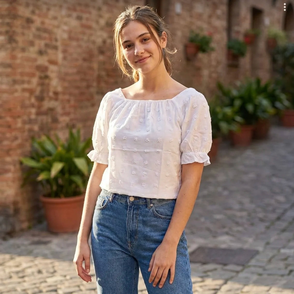Light Square Neck Top with Schiffi Embroidery