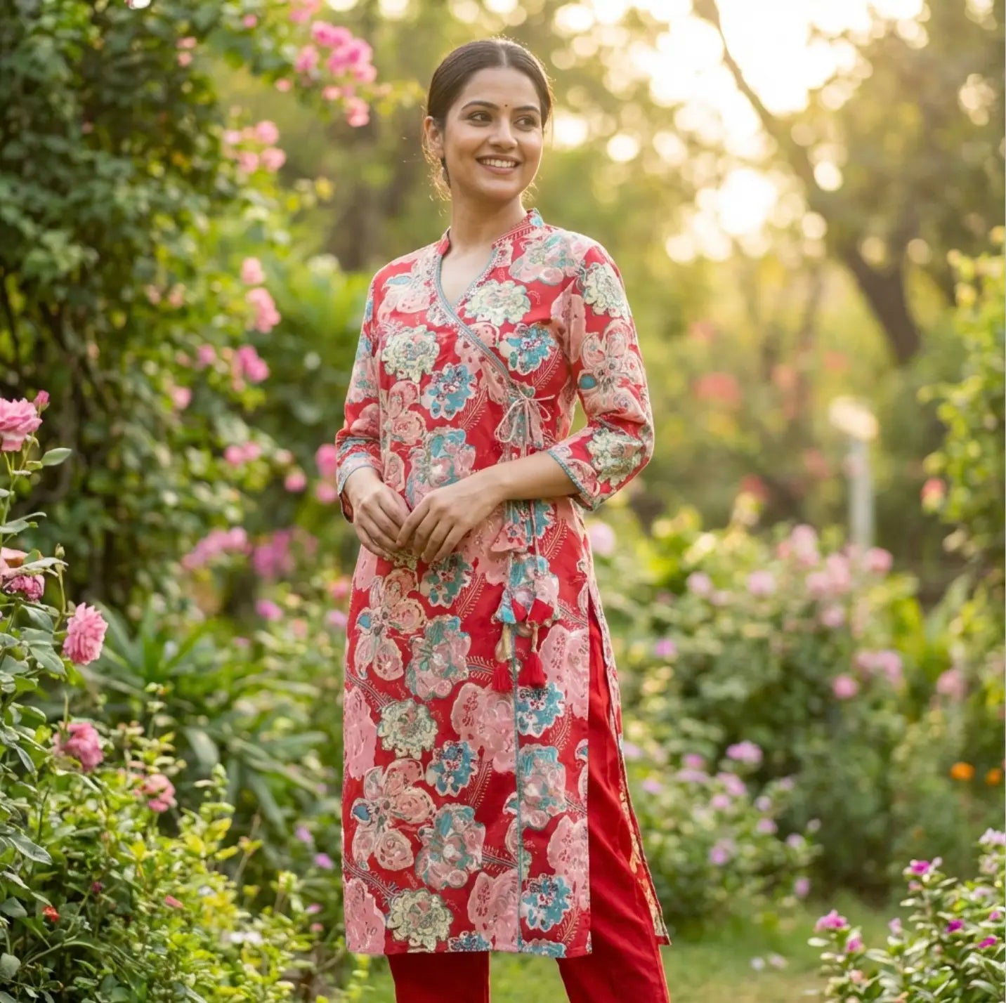 Trendy Red Floral Angarakha Kurta and Pant Set