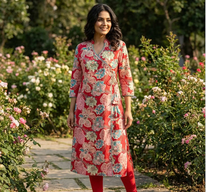 Trendy Red Floral Angarakha Kurta and Pant Set