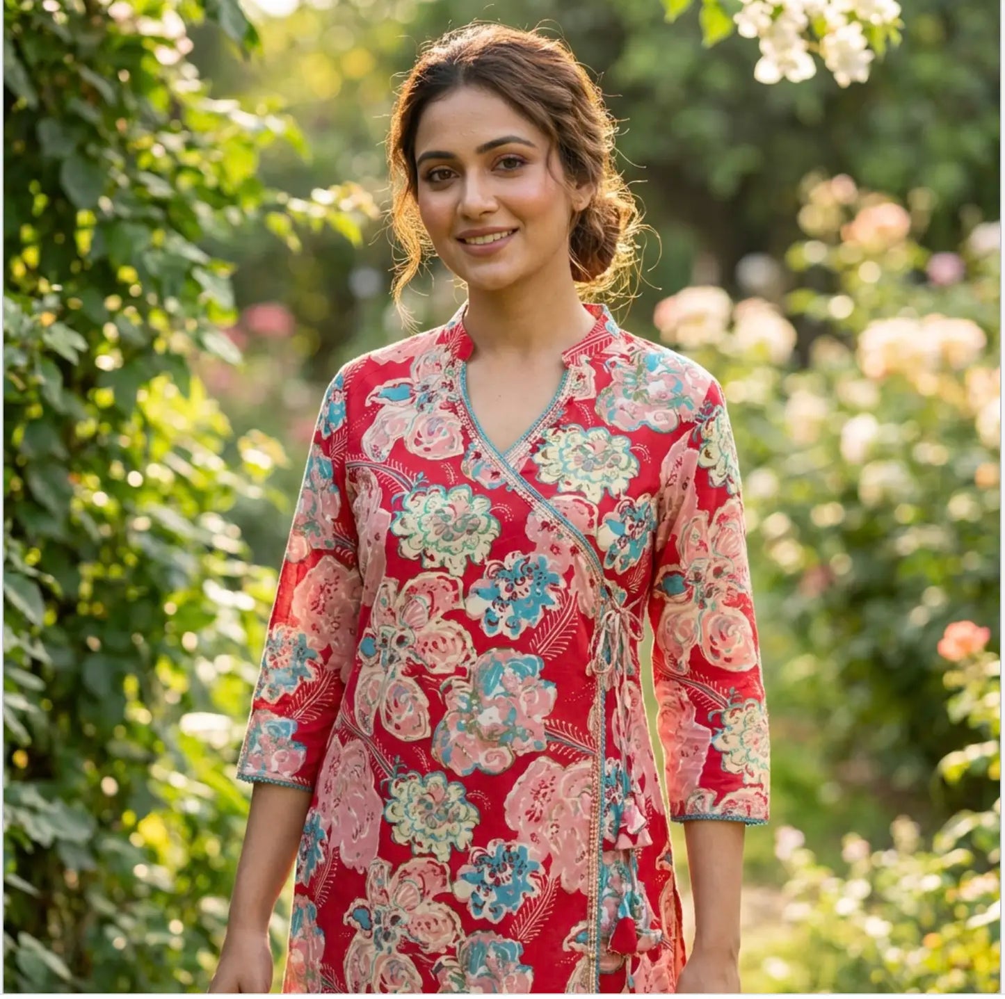 Trendy Red Floral Angarakha Kurta and Pant Set