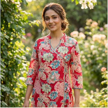 Trendy Red Floral Angarakha Kurta and Pant Set