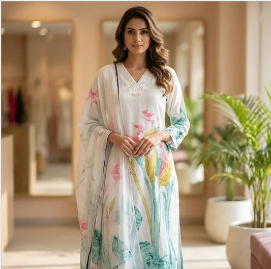 Premium Muslin, Tropical Print, Mint Color Suit With Dupatta