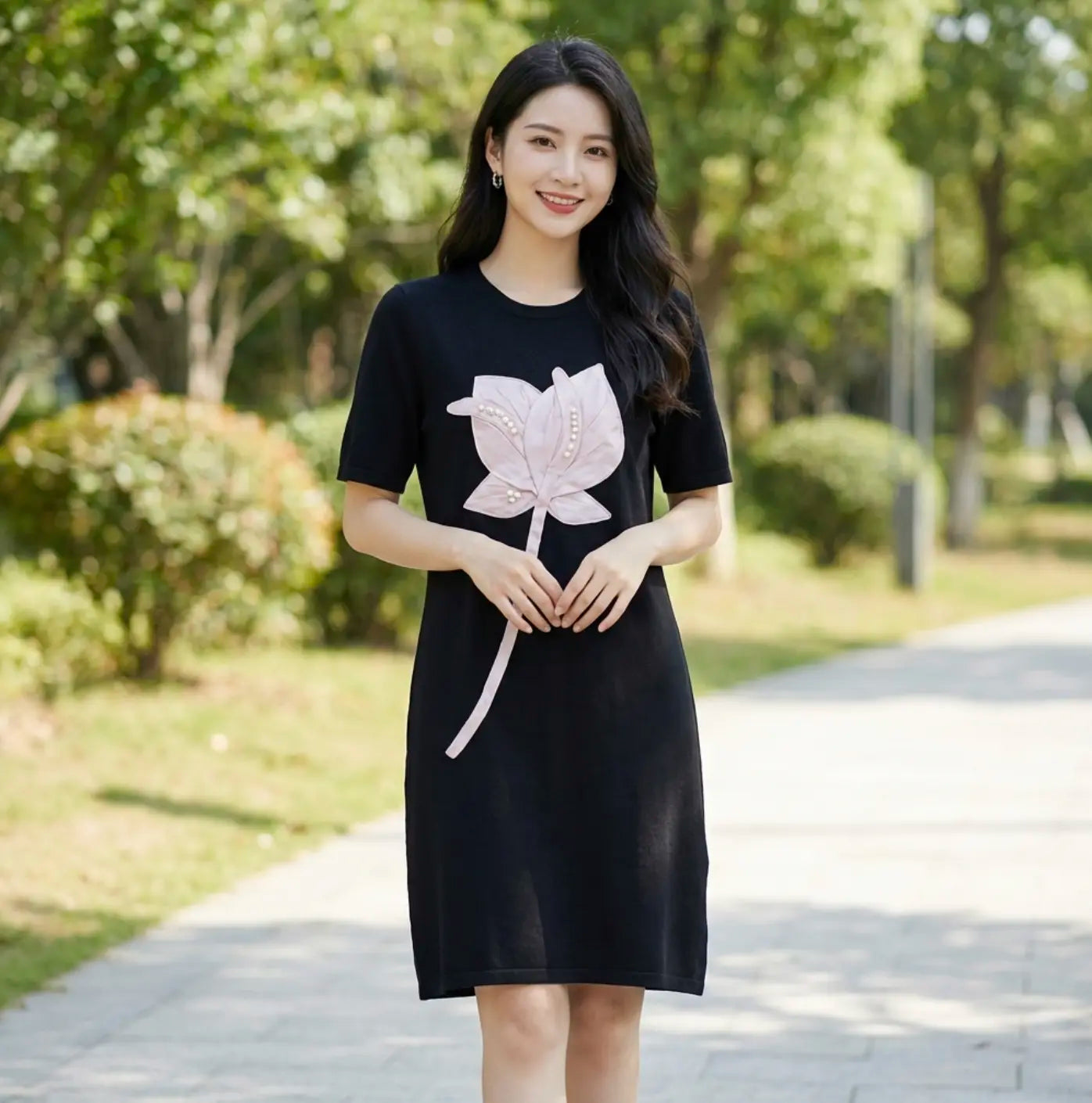 The "Lotus Blossom" Casual T-Shirt Dress in Black