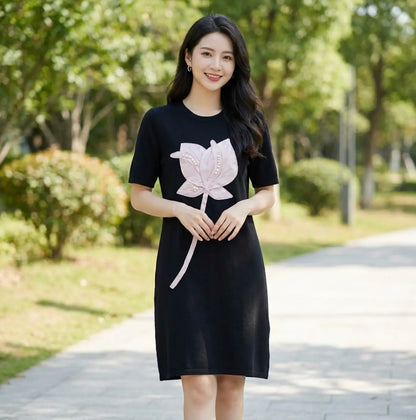 The "Lotus Blossom" Casual T-Shirt Dress in Black