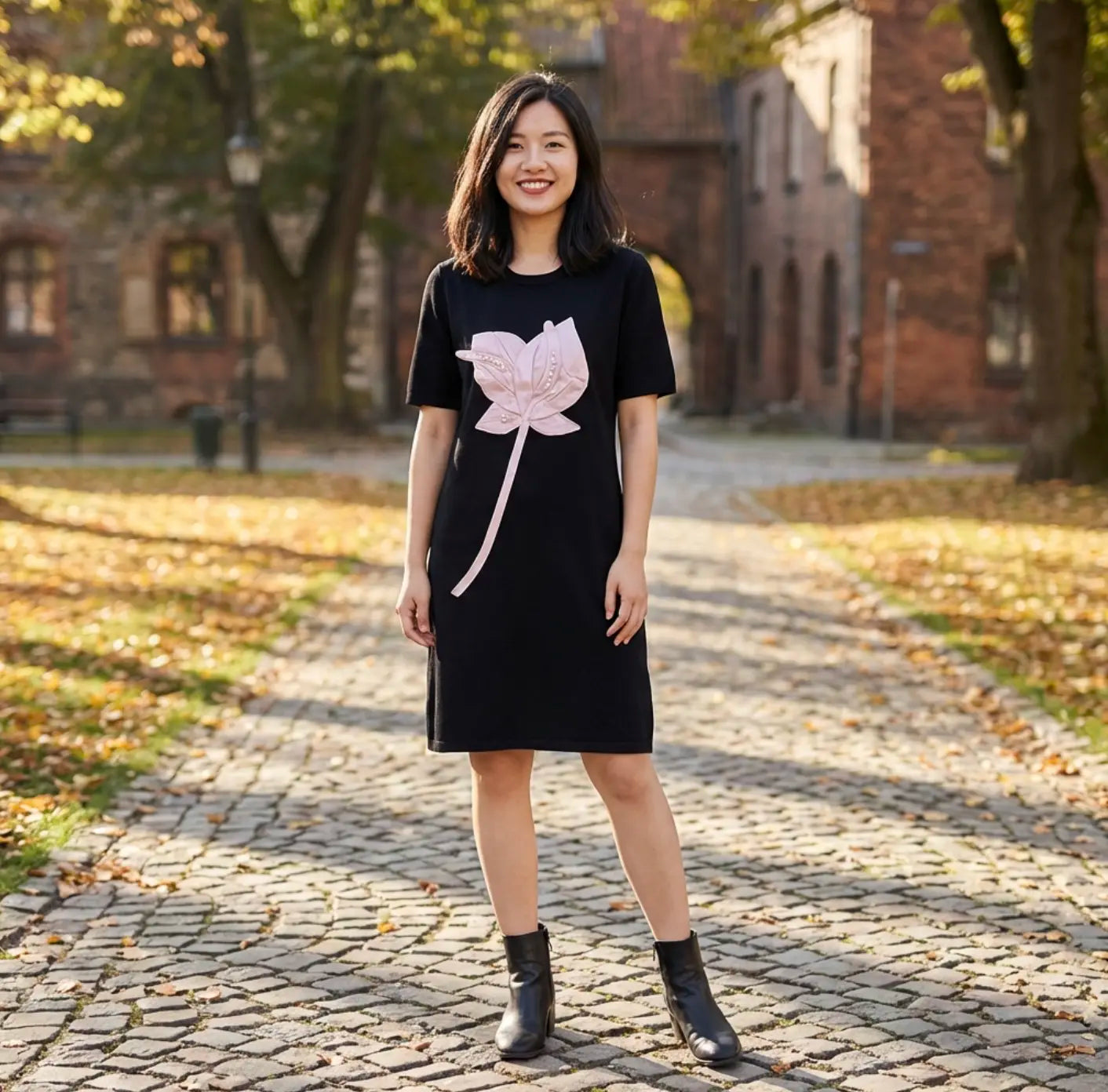 The "Lotus Blossom" Casual T-Shirt Dress in Black