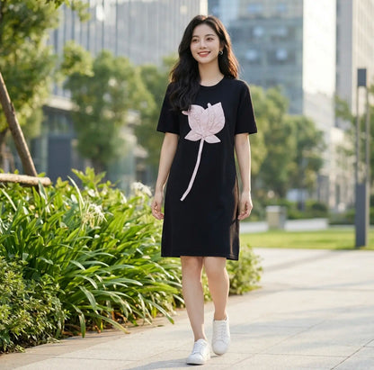 The "Lotus Blossom" Casual T-Shirt Dress in Black