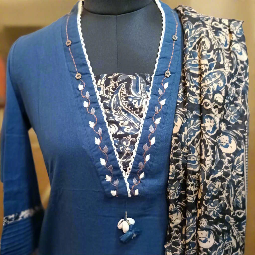 Bright and Beautiful Cotton Kalamkari Suit in Blue