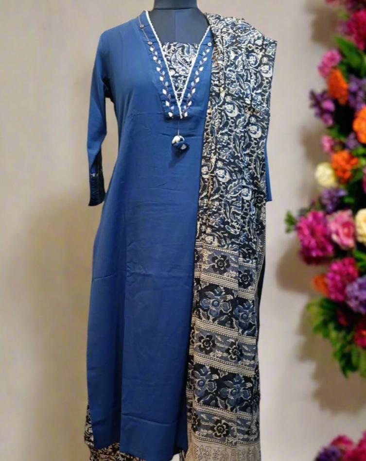 Bright and Beautiful Cotton Kalamkari Suit in Blue