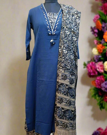 Bright and Beautiful Cotton Kalamkari Suit in Blue