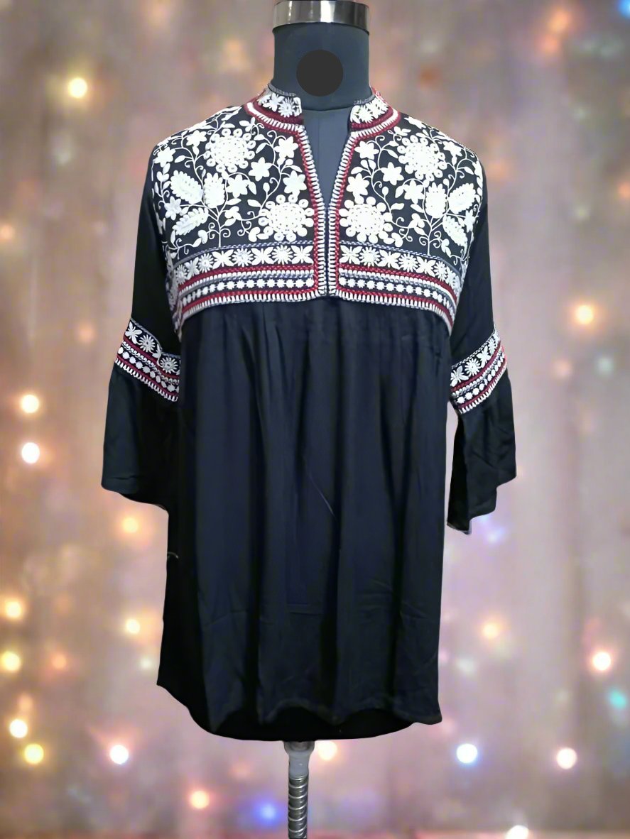 Elegant Cotton Embroidered Short Kurta in Black