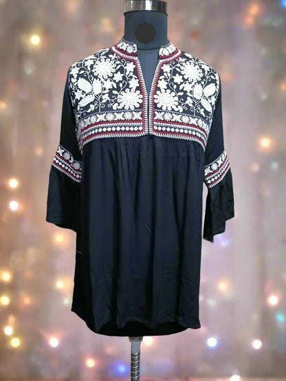 Elegant Cotton Embroidered Short Kurta in Black