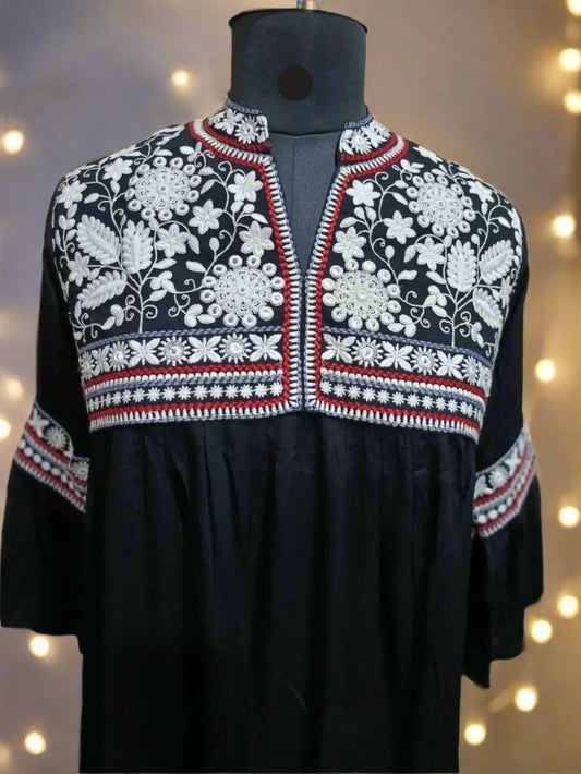 Elegant Cotton Embroidered Short Kurta in Black