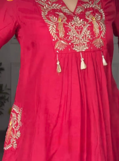 Beautiful Red Embroidered Scarlet Peacock Dola Silk Kurta Suit Set