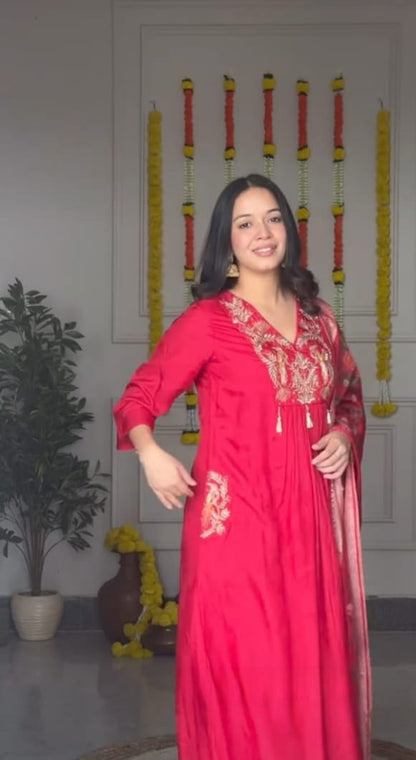 Beautiful Red Embroidered Scarlet Peacock Dola Silk Kurta Suit Set